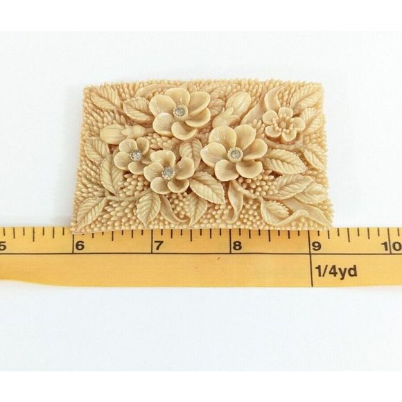Floral Rectangle Early molded Plastic  Vintage Belt Buckle Rhinestone flowers - Picture 9 of 11